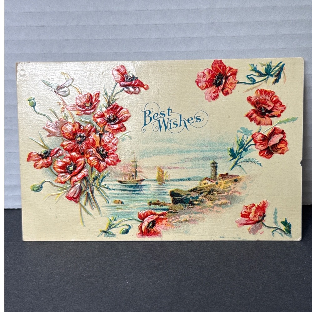 Vintage Embossed Postcard Red Poppies Lighthouse Ships 1902 Franklin Stamp 1900s